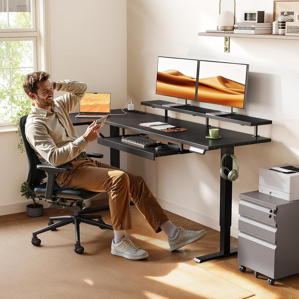 OffiGo 63 Inch L Shaped Electric Standing Desk with Keyboard Tray, Reversible Height Adjustable Corner Computer Desk with Monitor Stand, Sit Stand Up Lift Table for Home, Office, Carbon Fiber Black