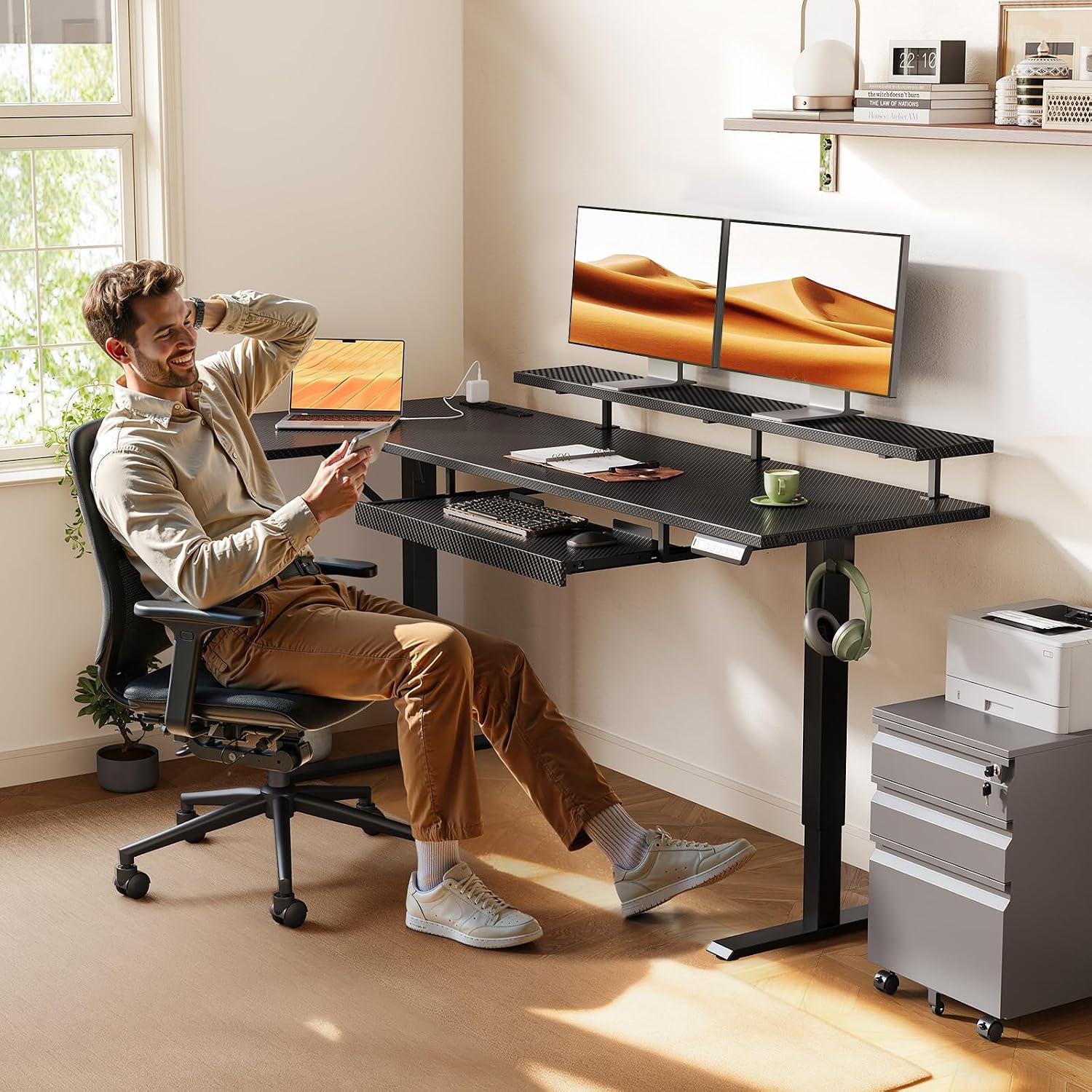 OffiGo 63 Inch L Shaped Electric Standing Desk with Keyboard Tray, Reversible Height Adjustable Corner Computer Desk with Monitor Stand, Sit Stand Up Lift Table for Home, Office, Carbon Fiber Black