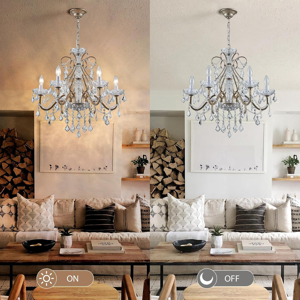 Bestier Antique Silver Vintage Candle Chandelier Crystal Lighting Fixture Lamp for Dining Room Bathroom Foyer Livingroom 6 E12 Bulbs Required D24 in x H26 in