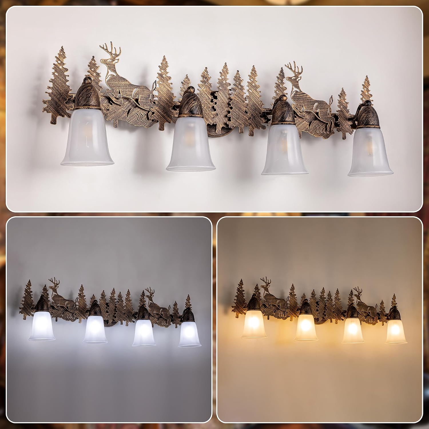 TOCHIC Rustic Bathroom Light Fixtures Over Mirror, 4 Lights Farmhouse Log Cabin Vanity Lights for Bathroom, Western Deer Sconces Bath Vanity Wall Lighting for Mirror Cabinet, Powder Room, 36' L
