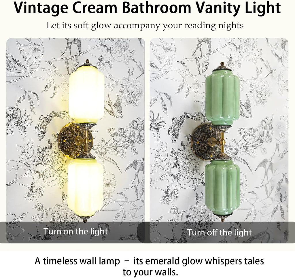 Vintage Milk Glass Bathroom Vanity Light - 2-Light Wall Sconce with Brass Finish Base & Green Glass Shade - Wall Sconce Lighting for Mirror, Kitchen, Living Room, Gallery (Bulbs Included) (Green)