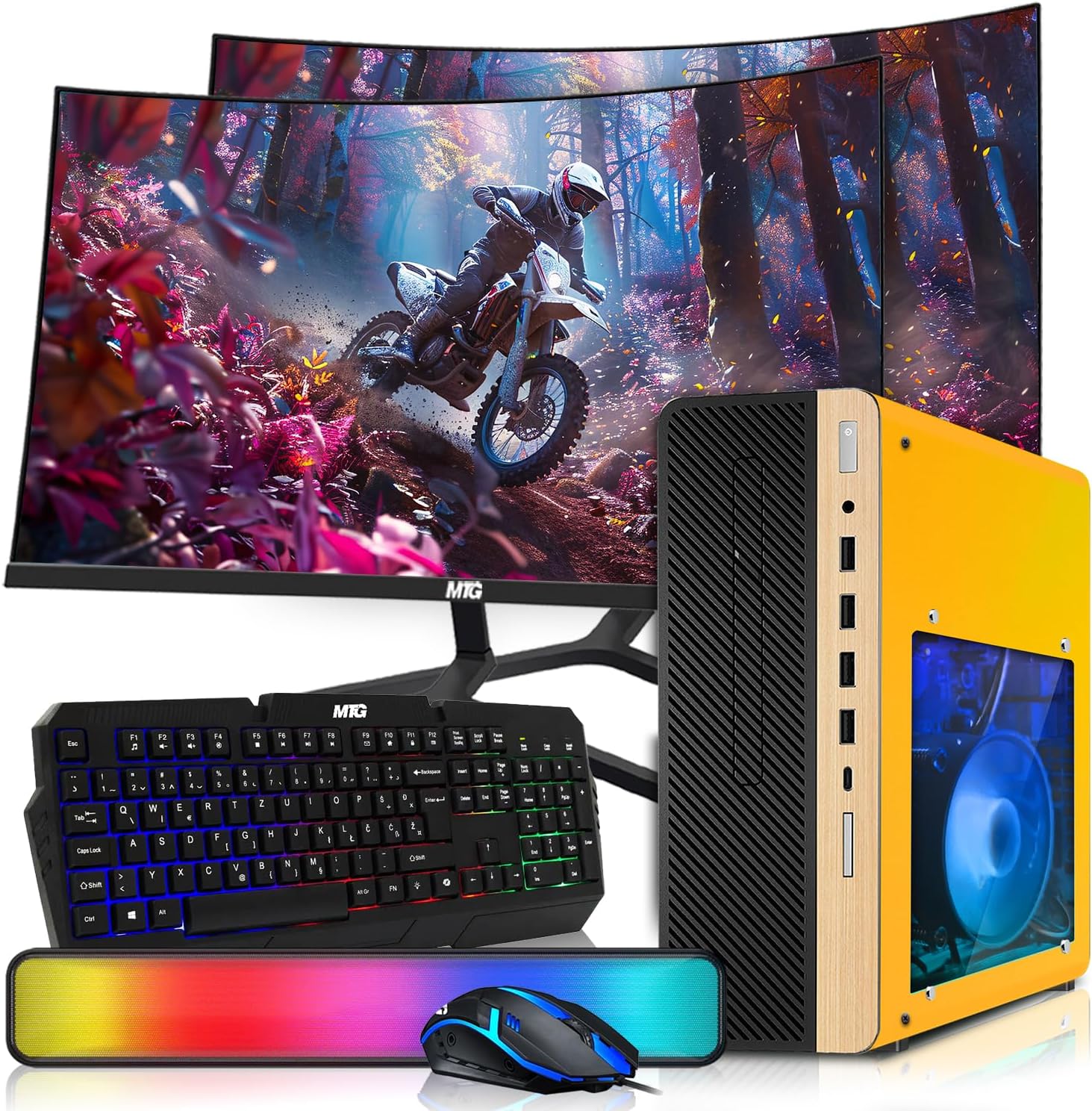 HP Half Light Desktop Computer PC Lambo AMD A10-9700, 16GB RAM, 1TB SSD, Dual 27 Inch Curved Monitor, RGB KBM with AI Copilot, WiFi, RGB Soundbar, Webcam, Windows 11 (Renewed)