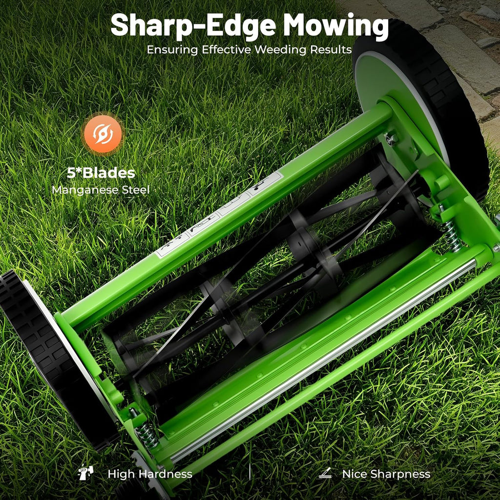 Push Reel Lawn Mower 16 inch, 5 Blades Manual Push Mower with Grass Catcher Bag, 1.34-2.52 in Adjustable Cutting Height for Small Medium Lawns, Yards, Driveways