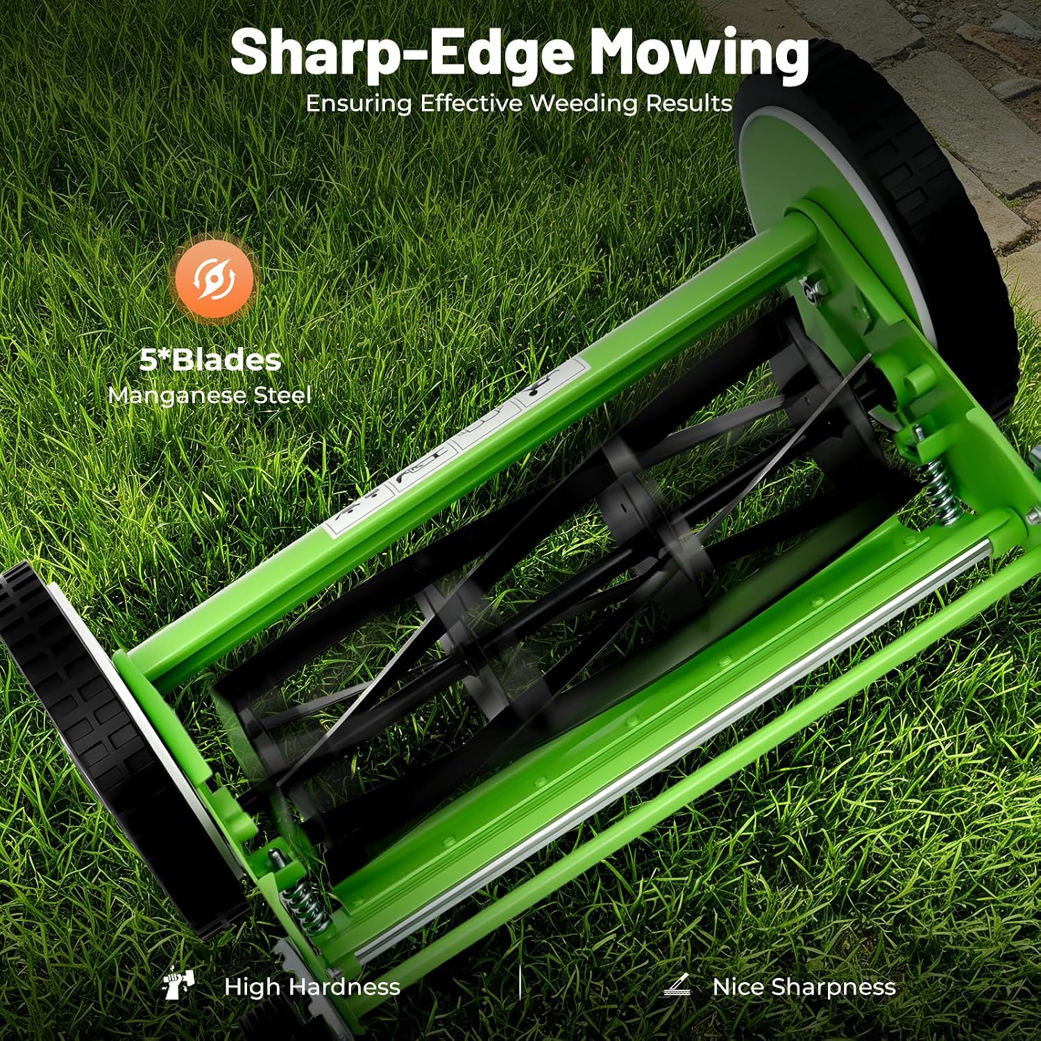 Push Reel Lawn Mower 16 inch, 5 Blades Manual Push Mower with Grass Catcher Bag, 1.34-2.52 in Adjustable Cutting Height for Small Medium Lawns, Yards, Driveways