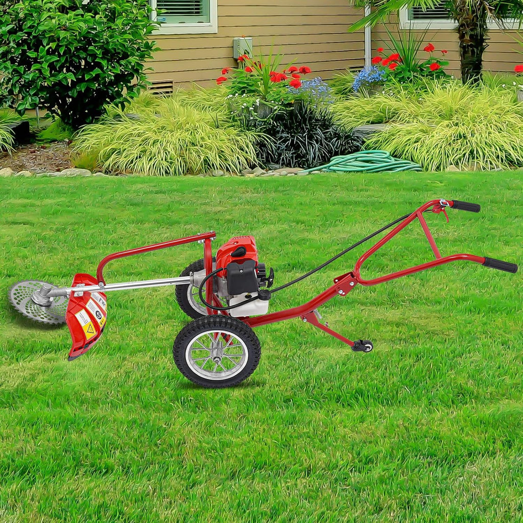 49cc 2-in-1 Lawn Mower - Brush Cutter Walk Behind Weed Wacker, 1.8kw 6500-7000rpm, 0.33gal Fuel Tank, Push Weed Eater with Wheels for Yards, Gardens, Small Farms (Red/Black)
