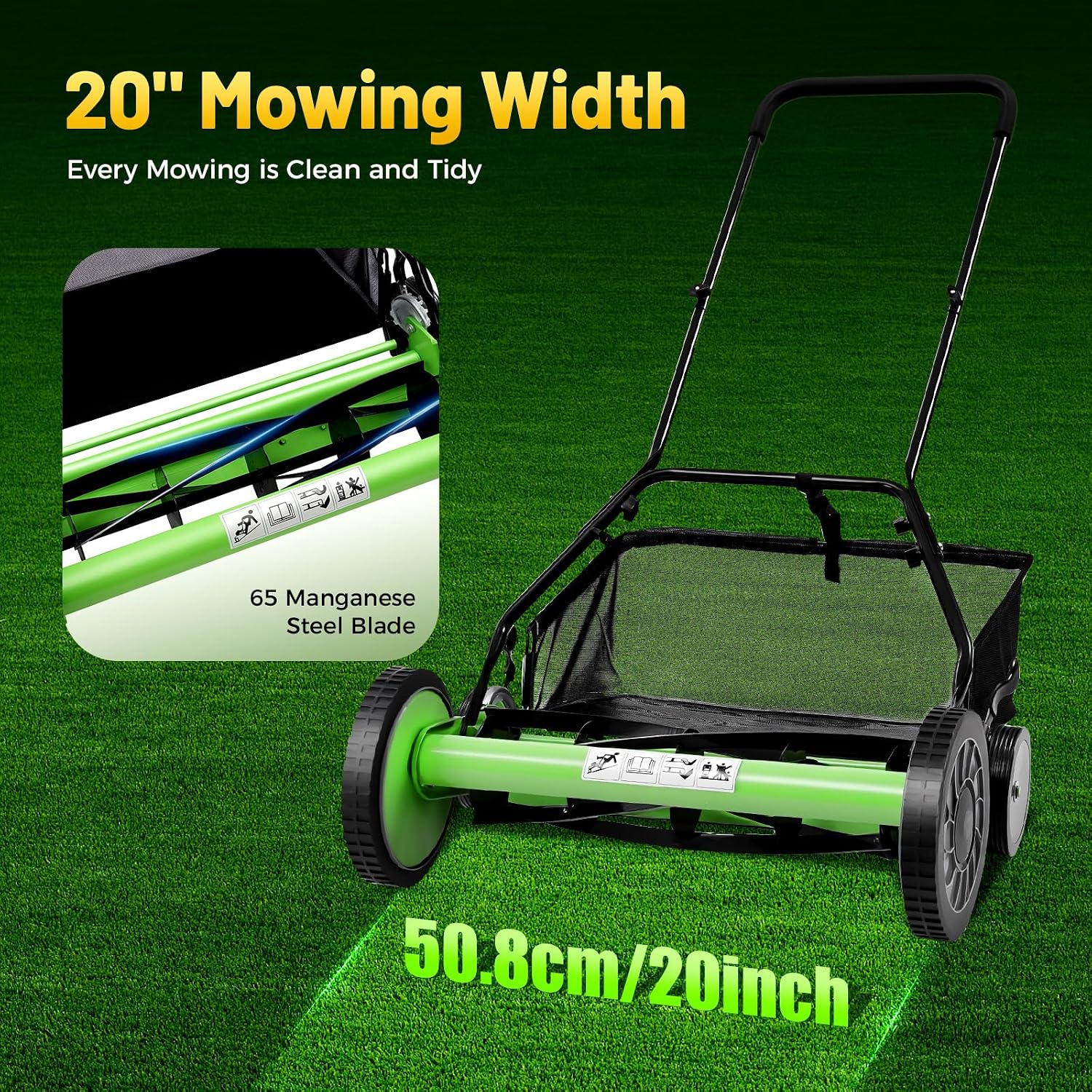 Push Reel Lawn Mower 20 inch, 5 Blades Manual Push Mower with Grass Catcher Bag, 1.33-2.51 in Adjustable Cutting Height for Small Medium Lawns, Yards, Driveways