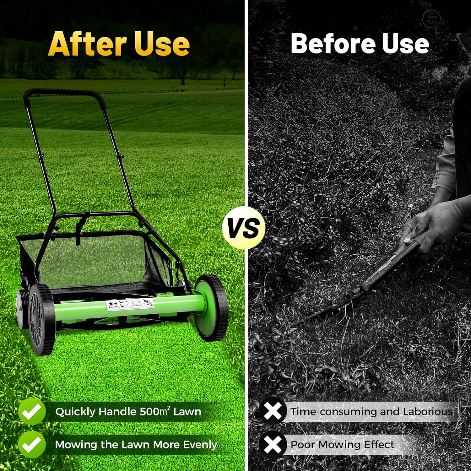 Reel Mower Cylinder Lawnmower Adjustable Mowing Height Reel Mower Cylinder Lawnmower with Collection Bag Push Reel Lawn Mower with Grass Catcher for Gardens Lawns