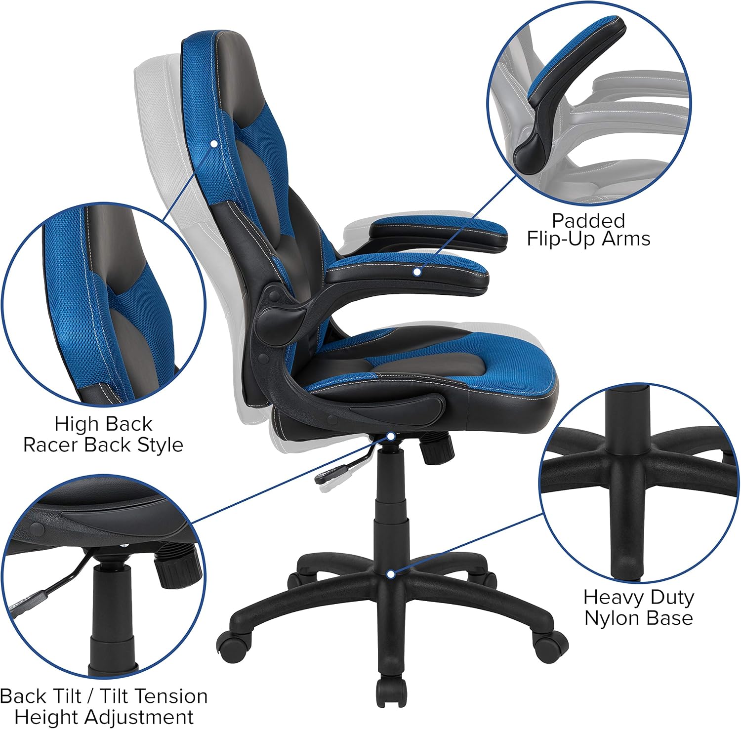 Flash Furniture Black Gaming Desk and Blue/Black Racing Chair Set with Cup Holder, Headphone Hook, and Monitor/Smartphone Stand