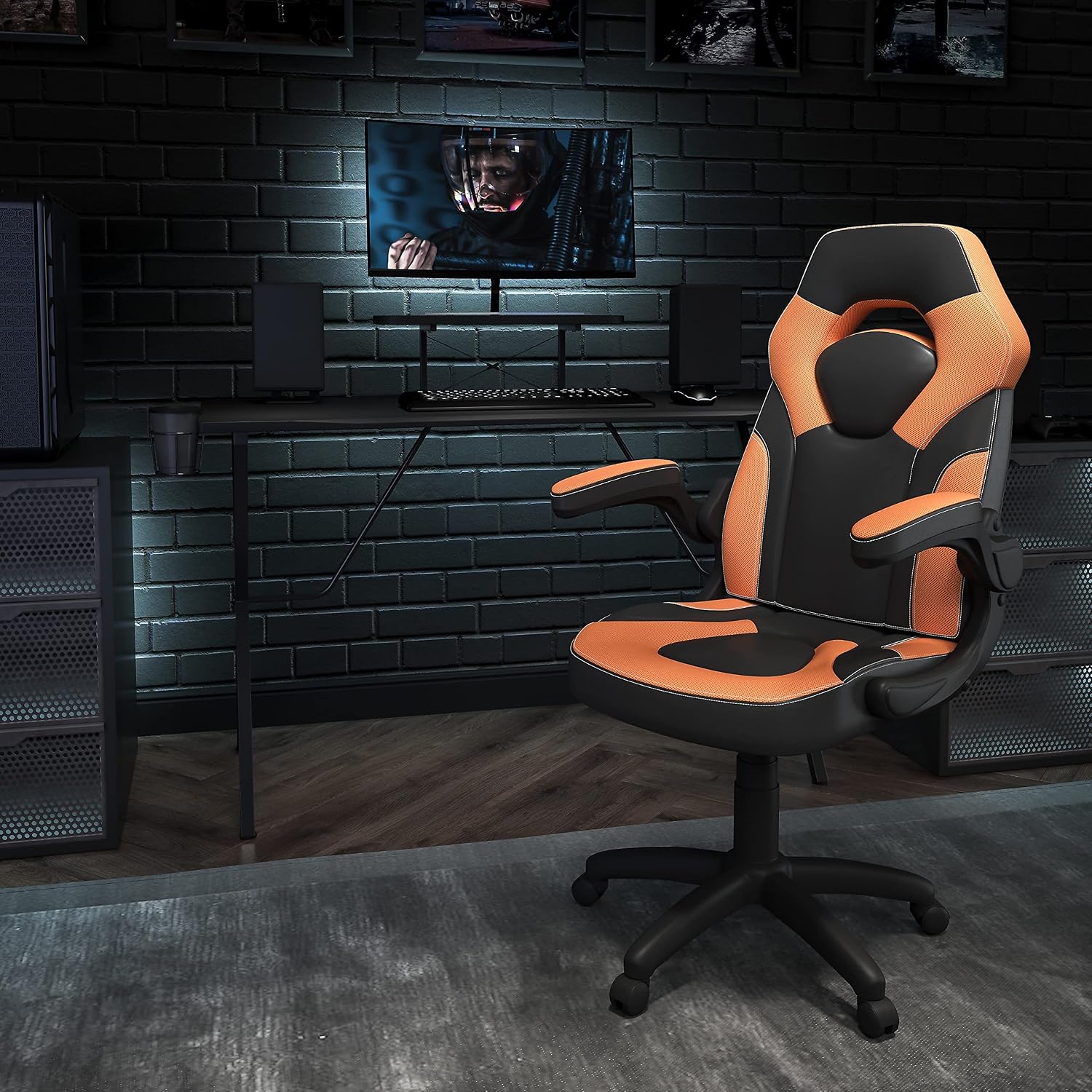 Flash Furniture Black Gaming Desk and Orange/Black Racing Chair Set with Cup Holder, Headphone Hook, and Monitor/Smartphone Stand
