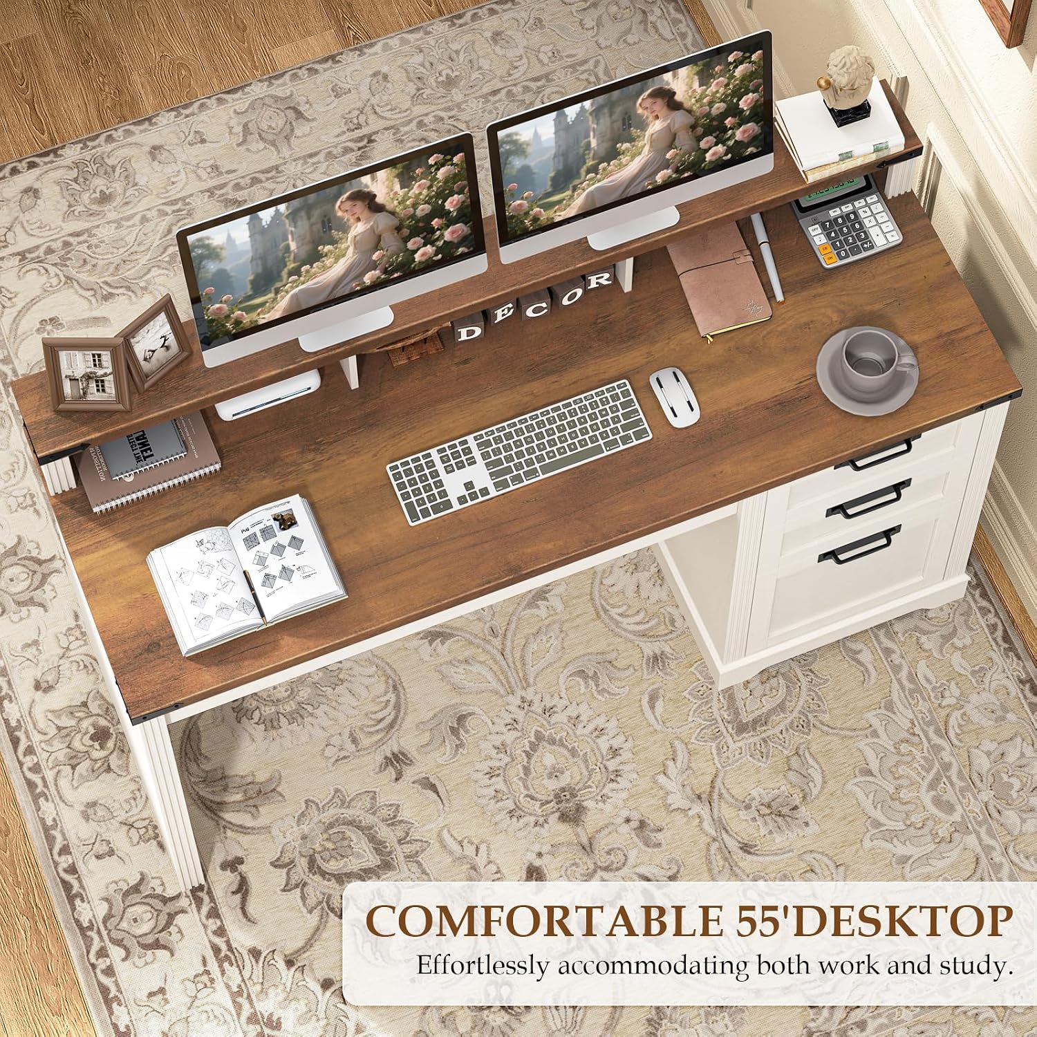 Vabches 55' Farmhouse Executive Desk with 3 Drawers, Wooden Computer Desk Home Office Desk with File Drawer (Fits A4 Size) for Work and Study, White Brown