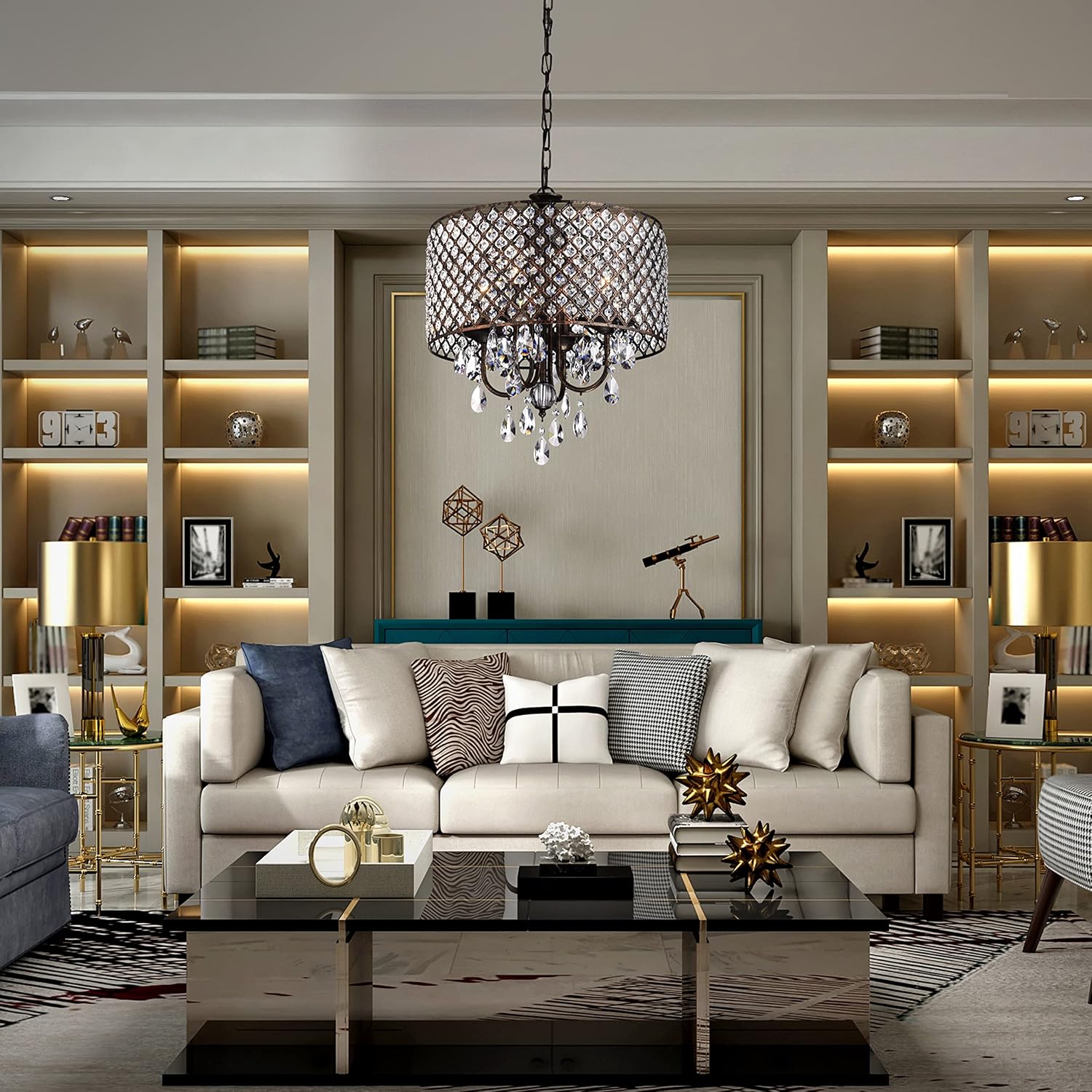 Edvivi Marya Drum Crystal Chandelier, 4 Lights Glam Lighting Fixture, Antique Copper Finish, Adjustable Ceiling Light with Round Crystal Drum Shade for Living Room, Bedroom, Kitchen