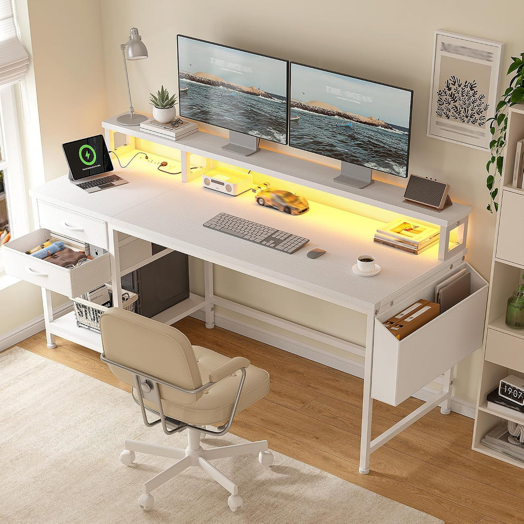 DurayLoly 55' White Desk with File Drawers & Storage Bag, Reversible Computer Desk with Monitor Stand,Home Office Desk with LED Strip & Power Outlets for Bedroom, Small Space, Study, Handwork