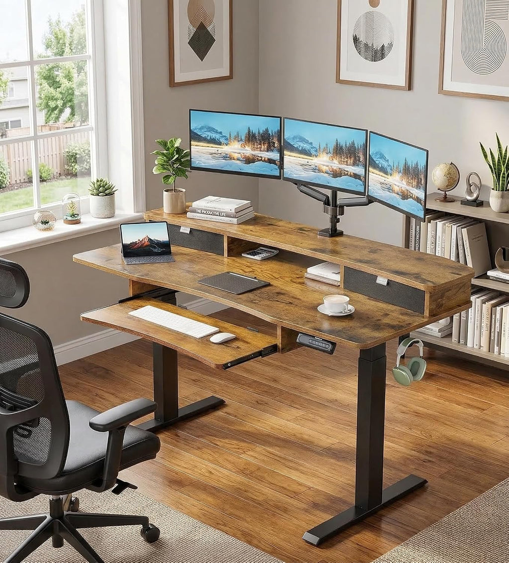 HUANUO 55' x 26' Electric Standing Desk with 2 Drawers & 26.7' Large Keyboard Tray, C-Clamp Mount Compatible, Adjustable Computer Desk for Home Office, Stand Up Desk with 4 Height Presets, Vintage