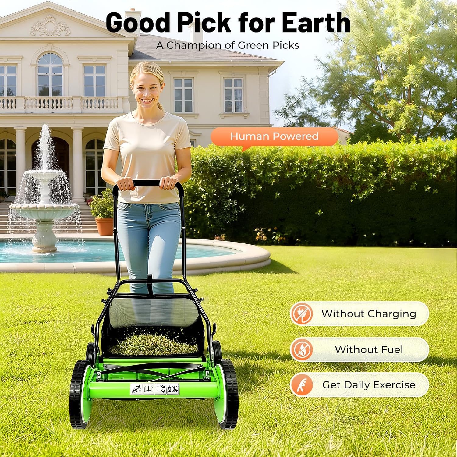 Push Reel Lawn Mower 16 inch, 5 Blades Manual Push Mower with Grass Catcher Bag, 1.34-2.52 in Adjustable Cutting Height for Small Medium Lawns, Yards, Driveways