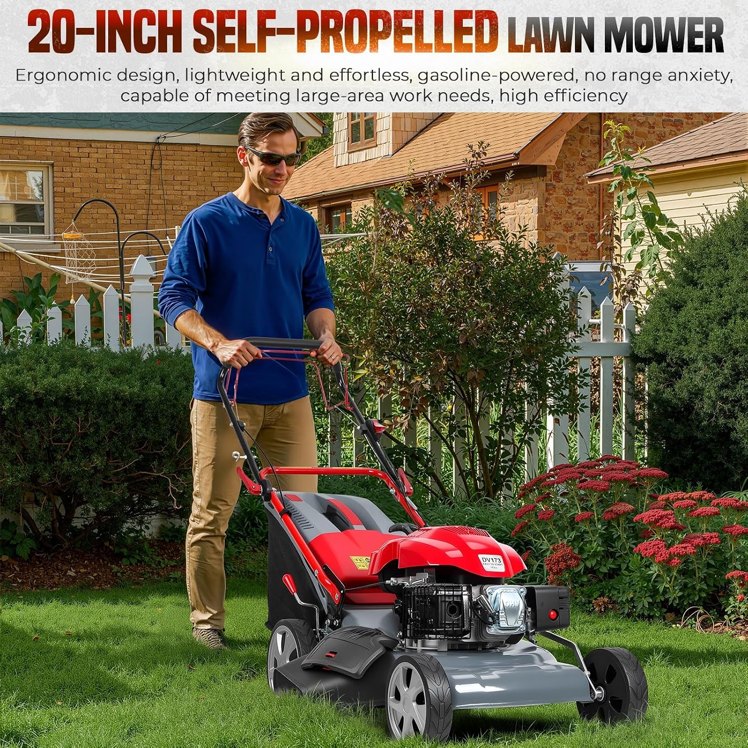 173cc Self Propelled Gas Lawn Mower, 20' 3-in-1 Mulch/Bag/Side-Discharge with 60L Bag,Heavy Duty for Hills, Thick Grass & Large Yards, Rear Wheel Drive for Easy Maneuvering Red