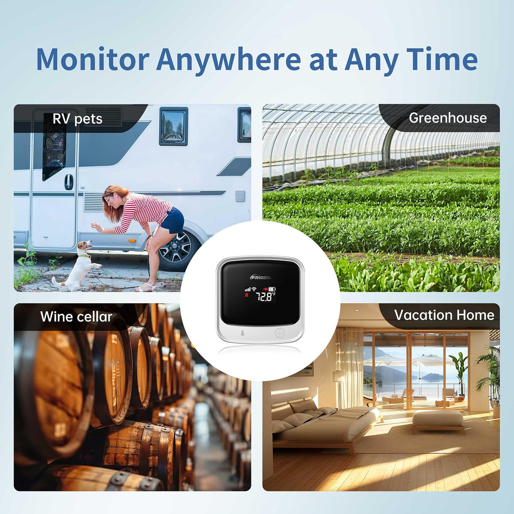 Frigga 4G Cellular Temperature & Humidity Monitor, No WiFi Required (WiFi Optional), Remote Temperature Sensor with App, Email & Voice Alerts for RV, Pets, Vacation Home, S0
