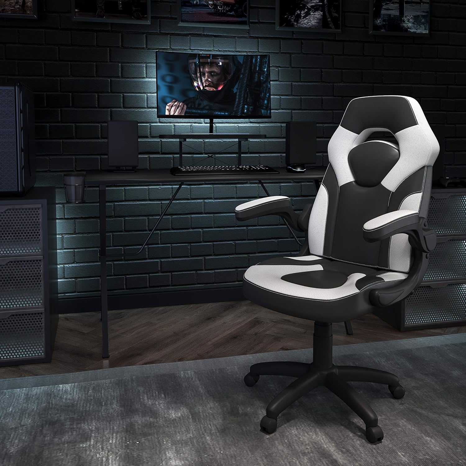 Flash Furniture Black Gaming Desk and White/Black Racing Chair Set with Cup Holder, Headphone Hook, and Monitor/Smartphone Stand