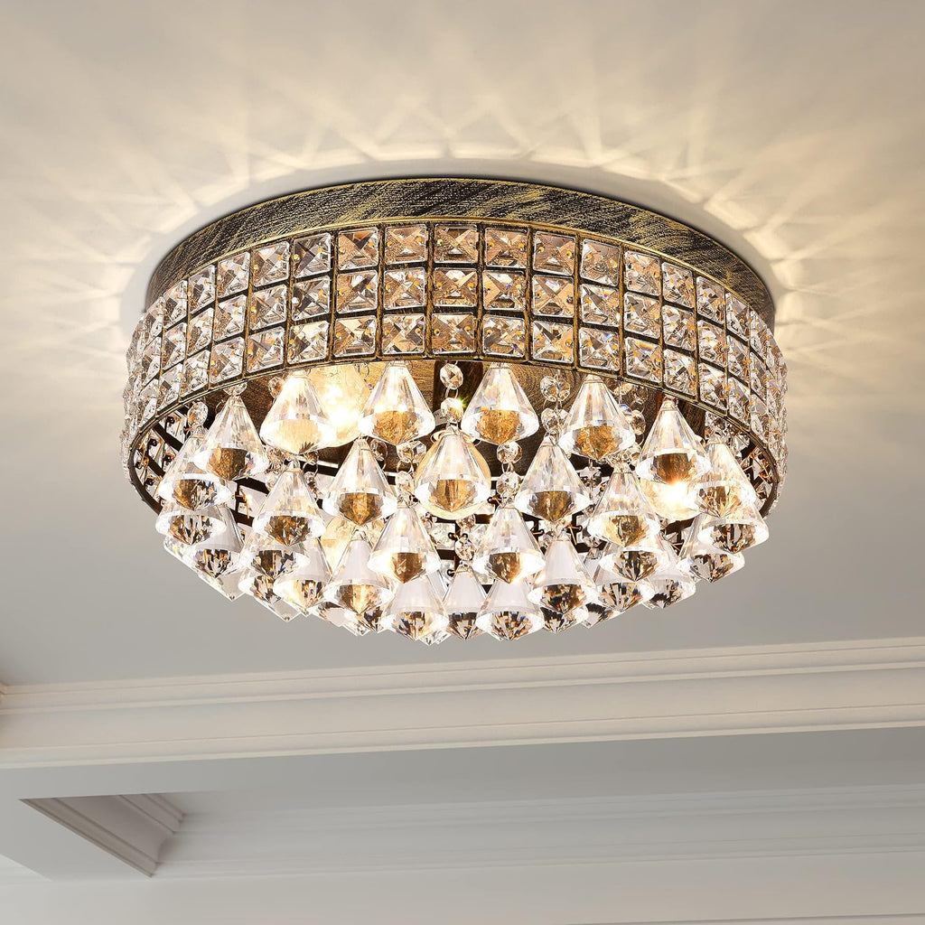Maxax 4-Light Traditional Crystal Chandelier, Bronze Drum Ceiling Light Fixture with Round Metal Shade & Raindrop Crystals, 15,7' Vintage Flush Mount for Dining Room, Bedroom, Entryway
