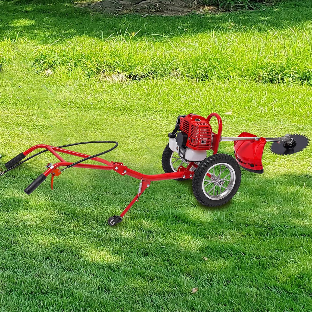 49CC 2-Stroke Gas Lawn Mower, Multi-Functional Gas Mower Grass, 1.8KW Hand Push String Trimmer, Red