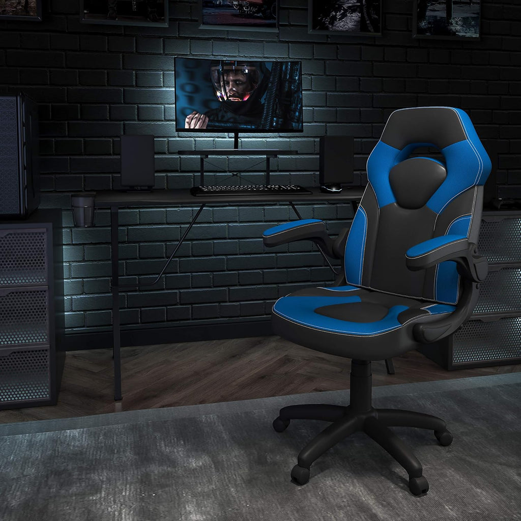Flash Furniture Black Gaming Desk and Blue/Black Racing Chair Set with Cup Holder, Headphone Hook, and Monitor/Smartphone Stand