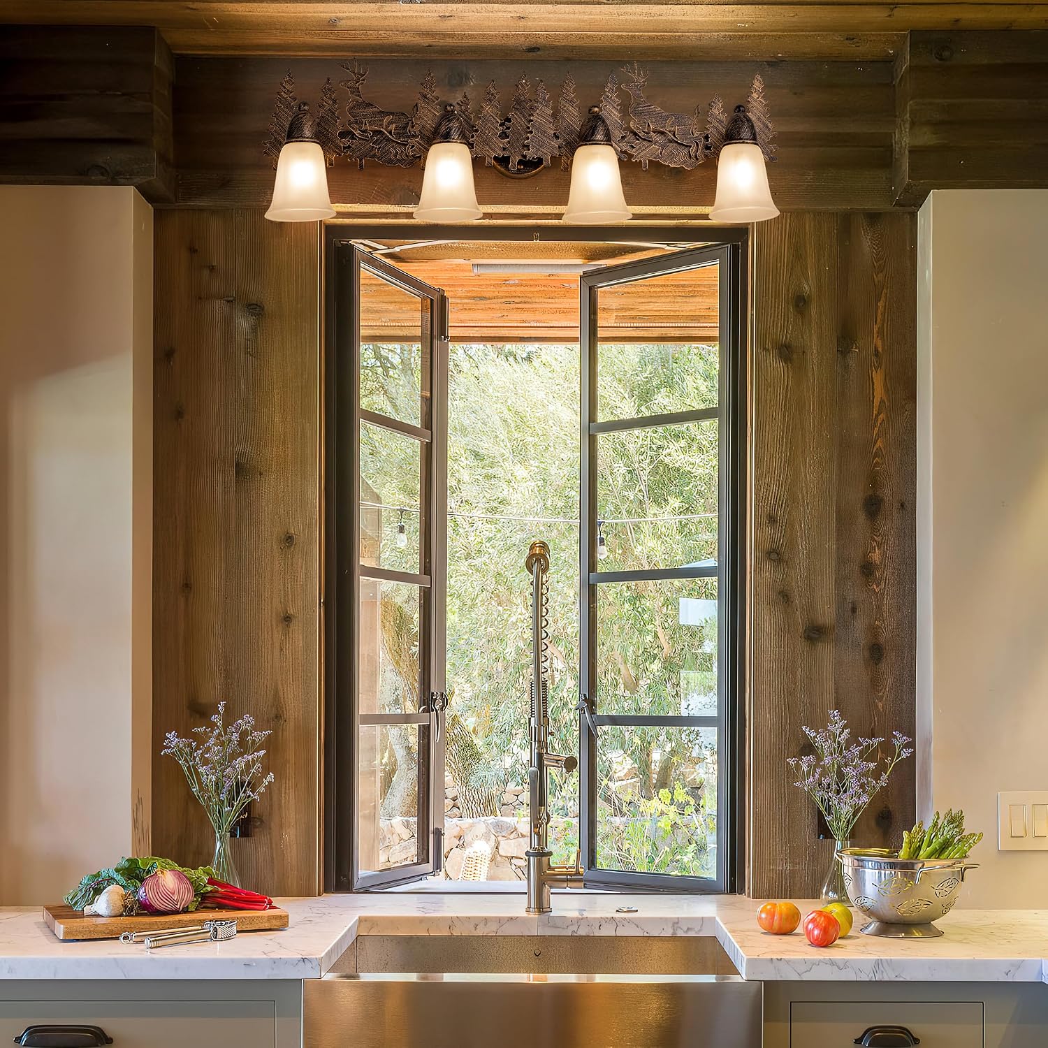 TOCHIC Rustic Bathroom Light Fixtures Over Mirror, 4 Lights Farmhouse Log Cabin Vanity Lights for Bathroom, Western Deer Sconces Bath Vanity Wall Lighting for Mirror Cabinet, Powder Room, 36' L