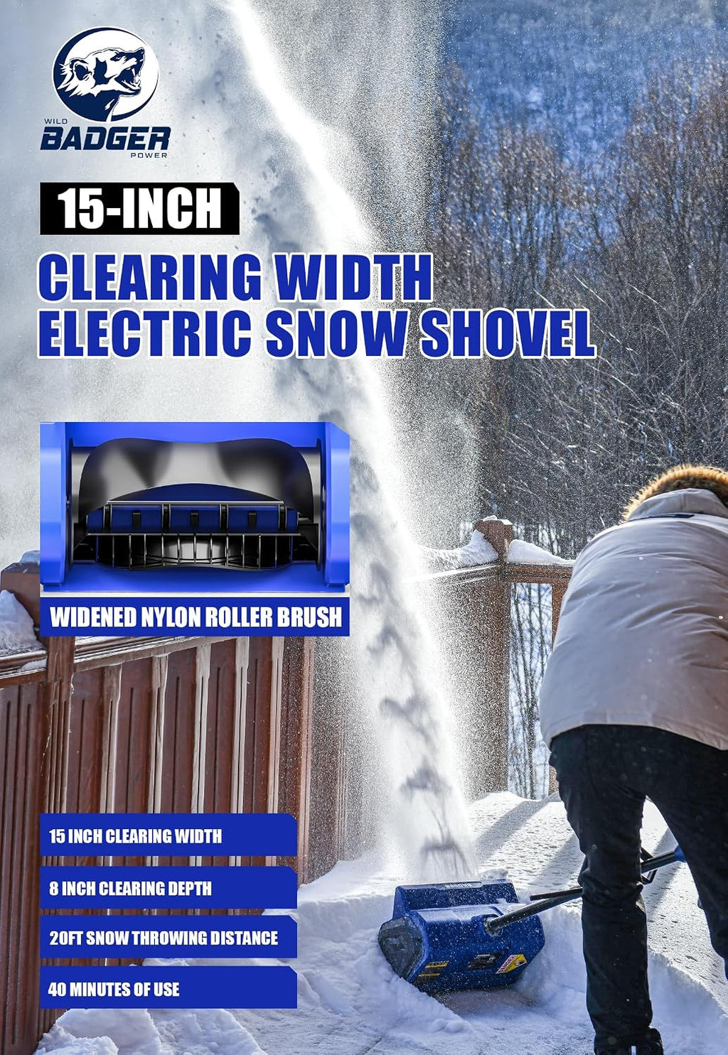 Wild Badger Power 40V Cordless Snow Shovel, 12' Brushless, 20 FT Throw, 8' Depth, 4.0Ah Battery & Fast Charger Included, for Steps, Porches, Walkways & Driveways