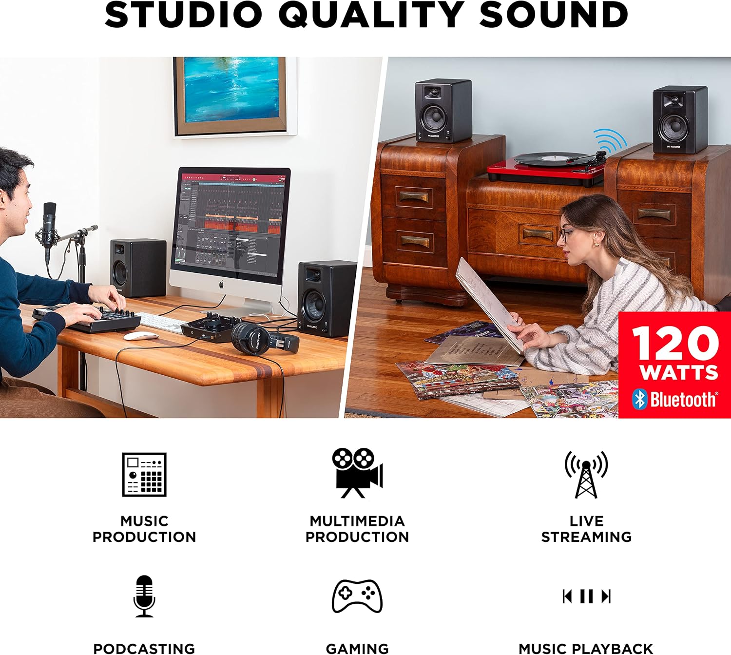 M-Audio BX4BT 4.5' Studio Monitors & PC Speakers with Bluetooth for Recording and Multimedia & HDH40 – Over Ear Studio Headphones with Closed Back Design