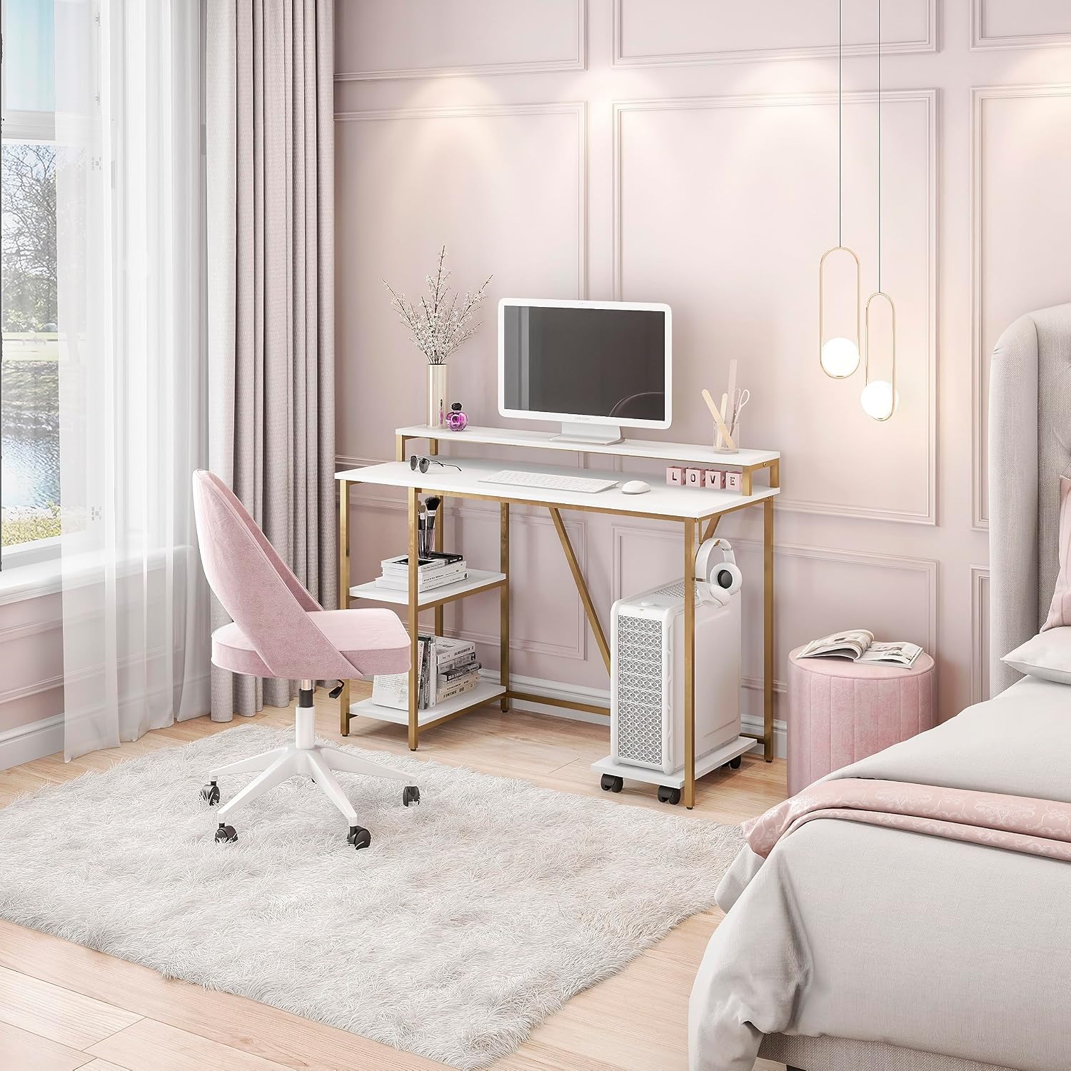 Techni Mobili Computer Desk - Industrial Writing Desk with Storage Shelves, Monitor Stand, & Accessory Holder - Home Office Laptop Computer Table with CPU Caddy & 2-Tier Small Bookshelf Space
