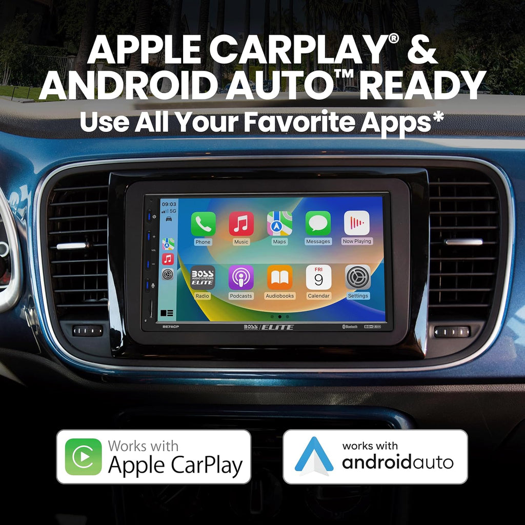 BOSS Audio Systems Elite BE7ACP Car Stereo - 7' Display, Apple CarPlay & Android Auto Head Unit, Double DIN Touch Screen Car Stereo, Bluetooth, AM/FM Radio Receiver, USB, SD, No CD/DVD Player