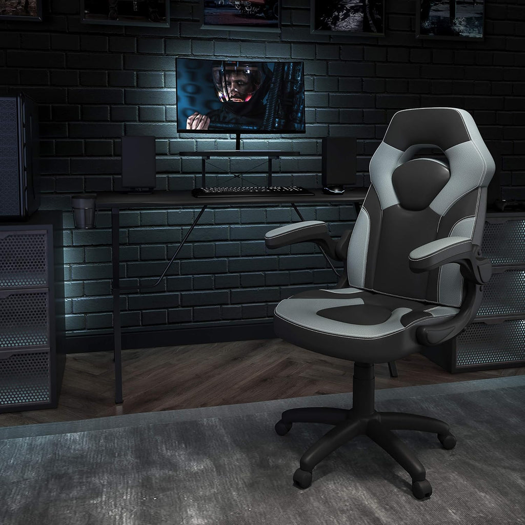 Flash Furniture Black Gaming Desk and Gray/Black Racing Chair Set with Cup Holder, Headphone Hook, and Monitor/Smartphone Stand
