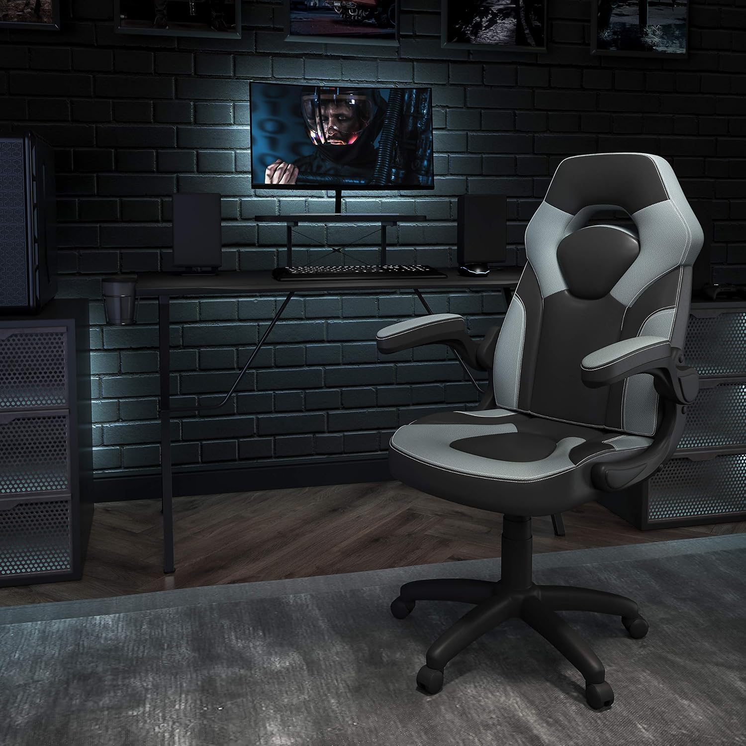 Flash Furniture Black Gaming Desk and Gray/Black Racing Chair Set with Cup Holder, Headphone Hook, and Monitor/Smartphone Stand
