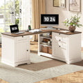 Farmhouse L Shaped Desk with Drawers, 56 Inch Executive Desk with File Drawer and Storage Cabinet, Wooden Corner Computer Desk with Power Strip for Home Office Work and Study, Rustic White and Walnut