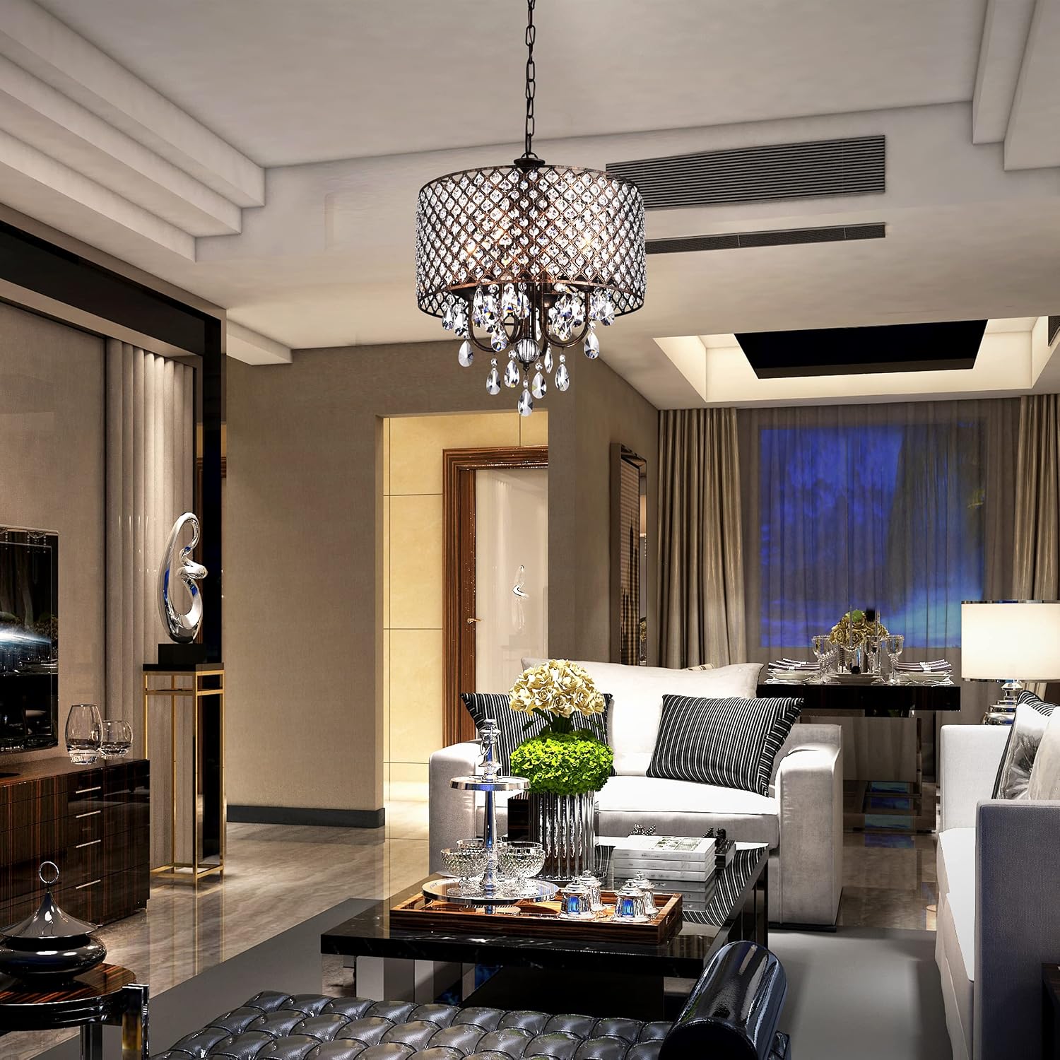 Edvivi Marya Drum Crystal Chandelier, 4 Lights Glam Lighting Fixture, Antique Copper Finish, Adjustable Ceiling Light with Round Crystal Drum Shade for Living Room, Bedroom, Kitchen