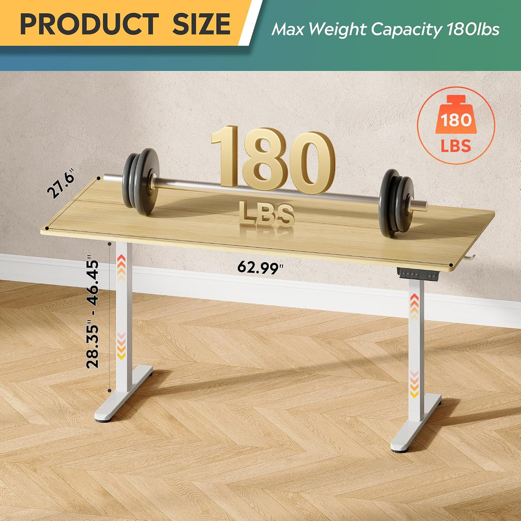 DEVAISE 63 x 28 Inches Electric Standing Desk, Adjustable Height Stand up Desk for Home Office, Ergonomic Sit to Stand Desk with LED Touchscreen, 3 Memory Preset Computer Desk (Maple)