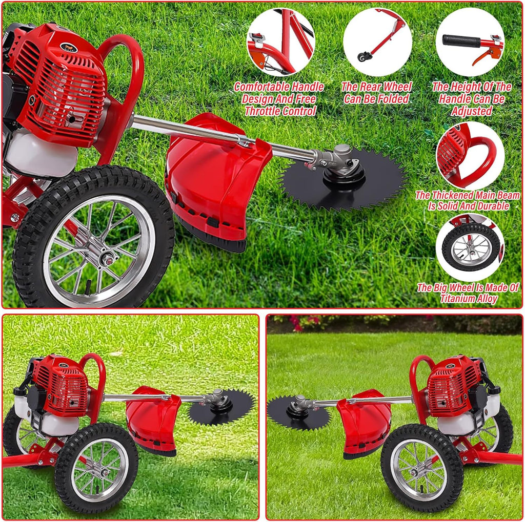 Walk Behind Weed Wacker, 2 Stroke 49 CC Gasoline Weed Eater, 6500-7000R/Min Hand Push String Trimmer with 0.95L Fuel Tank, Foldable Rear Wheel for Mountains, Hills, Plains, Orchards Etc