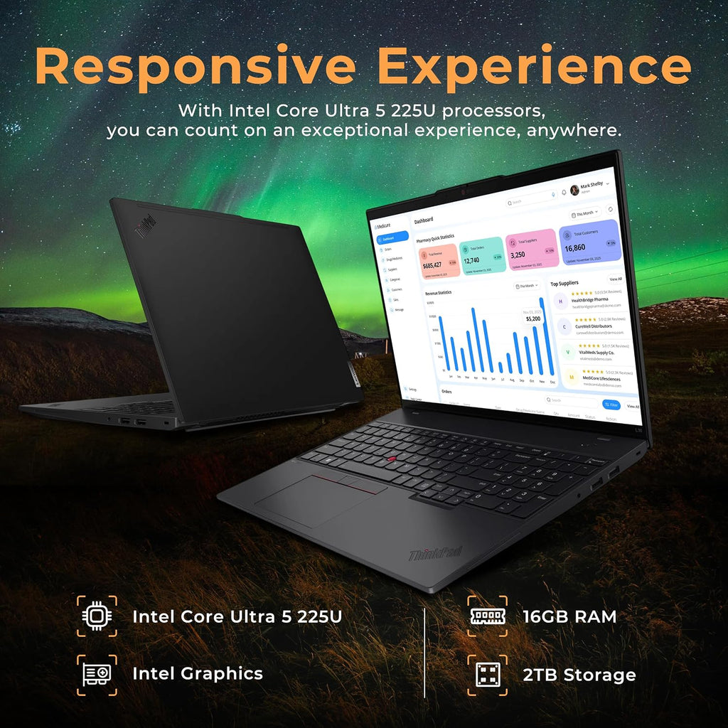 Lenovo ThinkPad L16 G2 16' WUXGA Touchscreen Laptop, Intel Core Ultra 5 225U, 16GB DDR5 RAM, 2TB Storage (1TB SSD+1TB Docking Station Set), Number Pad, Fingerprint Reader, Win 11, Black
