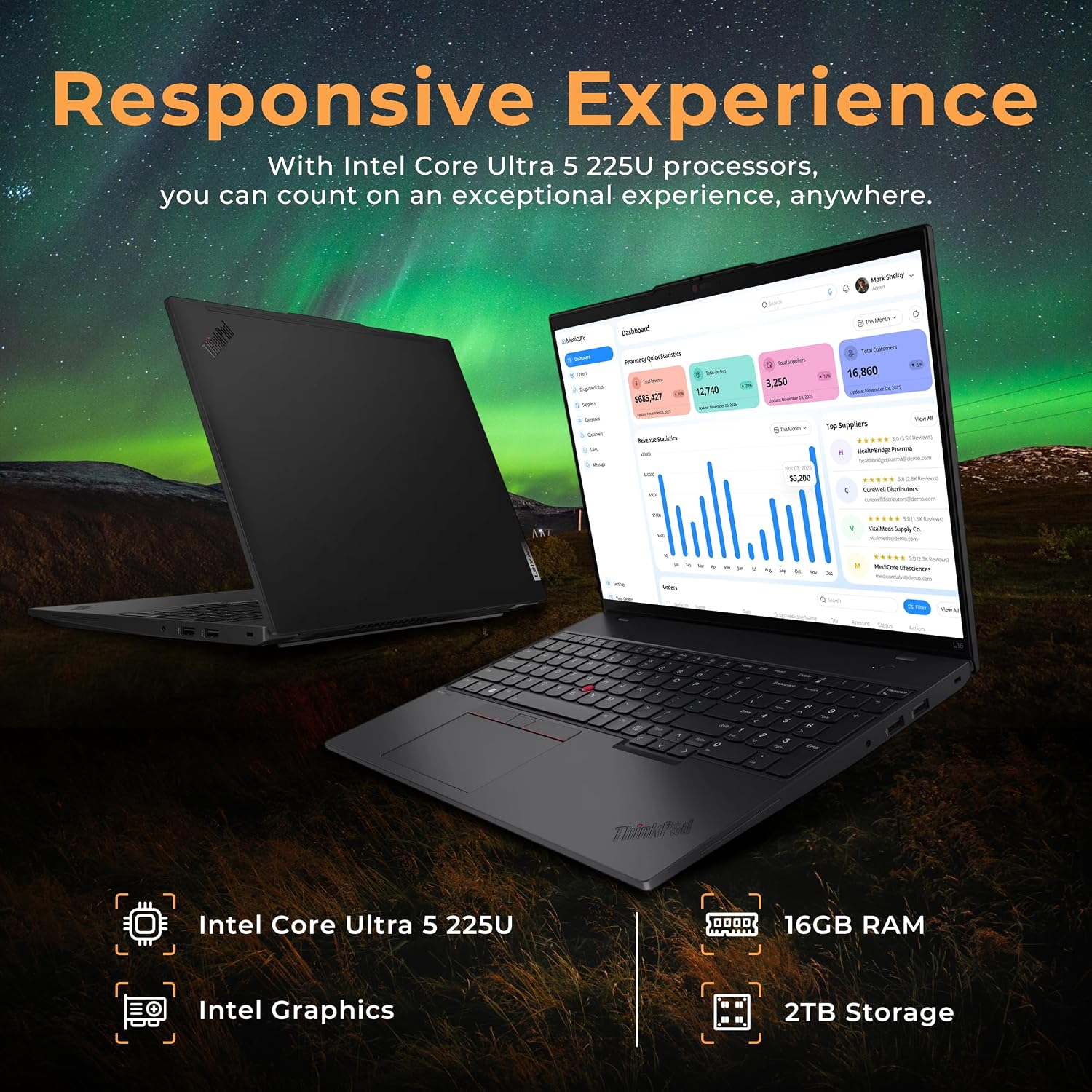 Lenovo ThinkPad L16 G2 16' WUXGA Touchscreen Laptop, Intel Core Ultra 5 225U, 16GB DDR5 RAM, 2TB Storage (1TB SSD+1TB Docking Station Set), Number Pad, Fingerprint Reader, Win 11, Black