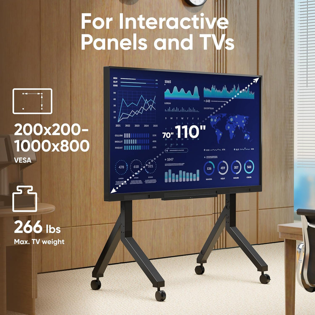 ONKRON Mobile TV Stand on Wheels for 70-110 Inch Screen, max Load 276 lbs, Heavy Duty TV Portable Stand, VESA 200x200-1000x800, Adjustable, Movable TV Cart Rolling TV Stand with Shelf Black