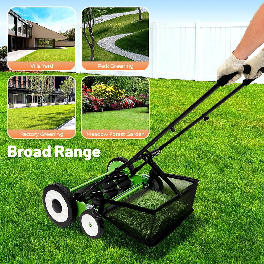Push Reel Lawn Mower 16 inch, 5 Blades Manual Push Mower with Grass Catcher Bag, 1.34-2.52 in Adjustable Cutting Height for Small Medium Lawns, Yards, Driveways