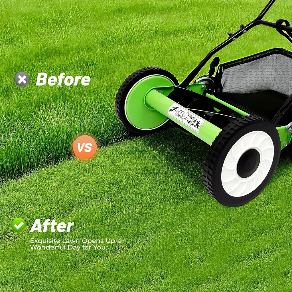 Push Reel Lawn Mower 16 inch, 5 Blades Manual Push Mower with Grass Catcher Bag, 1.34-2.52 in Adjustable Cutting Height for Small Medium Lawns, Yards, Driveways