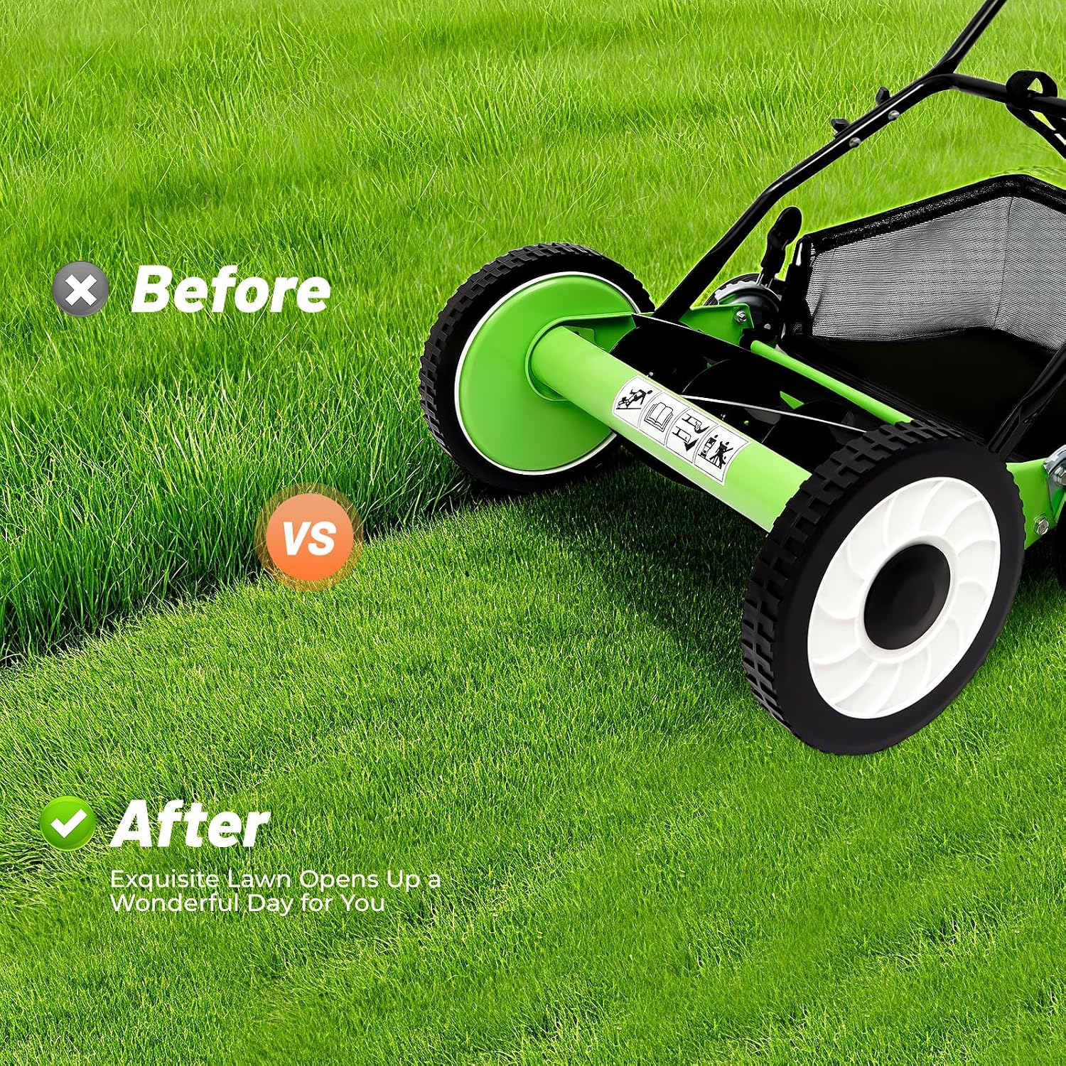 Push Reel Lawn Mower 16 inch, 5 Blades Manual Push Mower with Grass Catcher Bag, 1.34-2.52 in Adjustable Cutting Height for Small Medium Lawns, Yards, Driveways