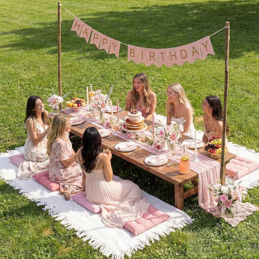Extra Large Outdoor Picnic Blanket with Table Runner and Floor Pillow Cushion for Picnic Wedding Birthday Baby Shower Backyard Decor(71 x 118'',Pink,12 Pcs)