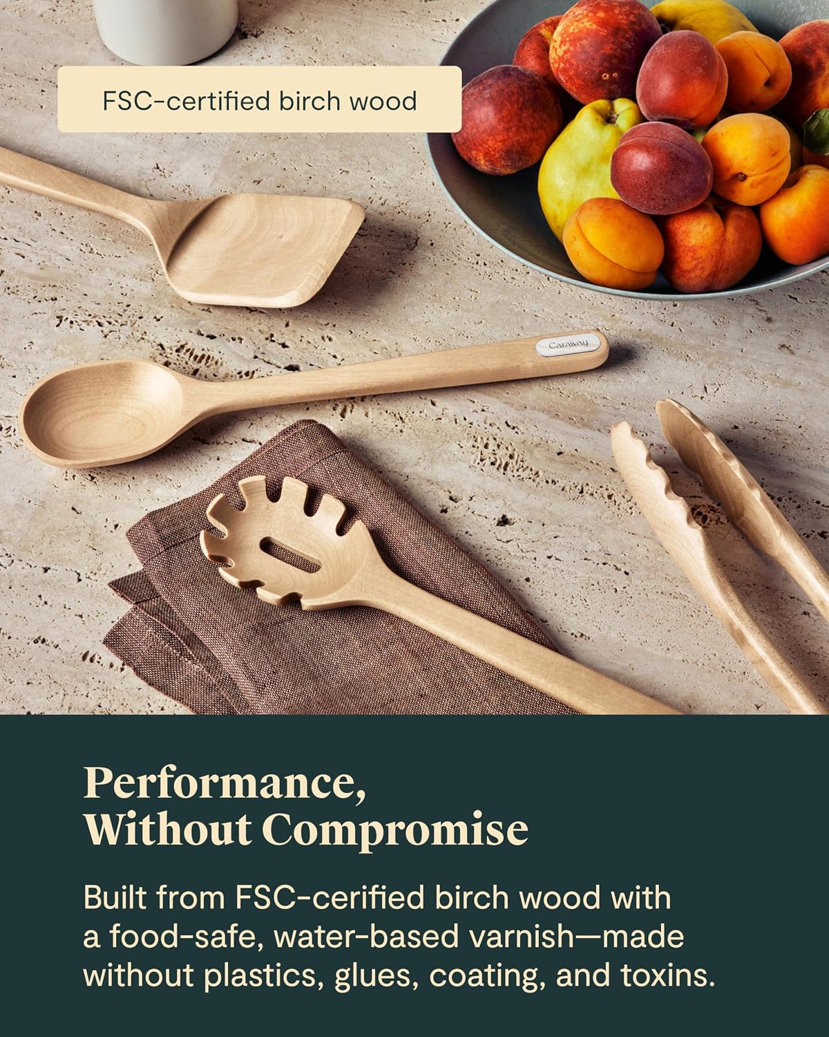 Caraway 9-Piece Wooden Kitchen Utensils Set for Cooking, Serving, and Plating - Includes Full-Size and Mini Spoons, Scrapers, Spatulas, Tongs and Server - Birch Wood