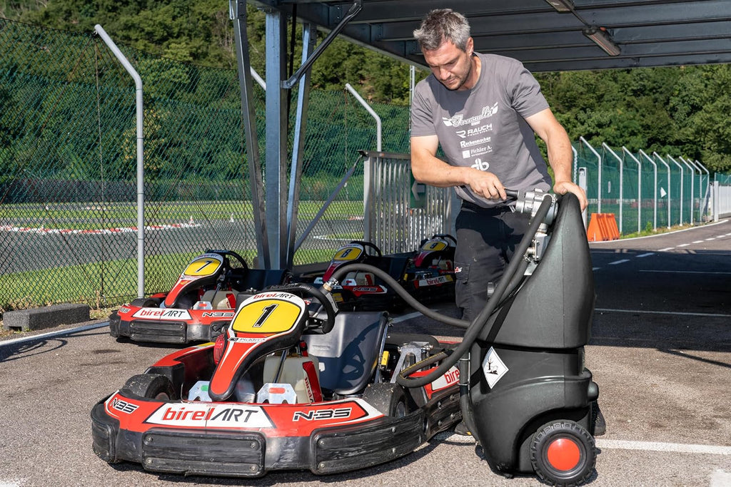 Portable Gas Cart 29gl Gas Fuel Tank Caddy with Manual Rotary Hand Pump, Fuel Storage Can On-Wheels for Cars, Lawn Mowers, ATVs, Boats, 10 ft Antistatic Hose, Manual Nozzle