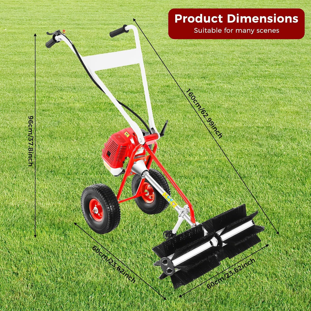Walk-Behind Sweeper Broom Gas Power, 43cc 1.7hp 2-Stroke Walk Behind Tractor Cleaning Machine Artificial Turf Gas Power Sweeper for Dirt Snow Sweeper Broom Driveway Walkway Outdoor