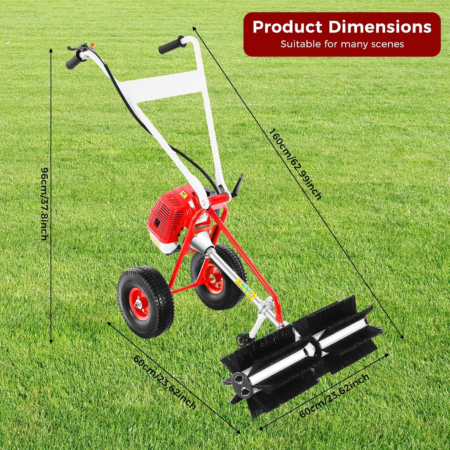 Walk-Behind Sweeper Broom Gas Power, 43cc 1.7hp 2-Stroke Walk Behind Tractor Cleaning Machine Artificial Turf Gas Power Sweeper for Dirt Snow Sweeper Broom Driveway Walkway Outdoor