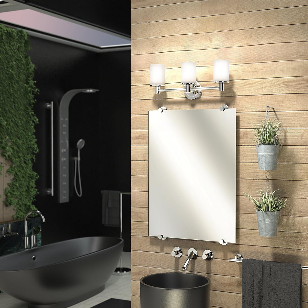 Gatco 1686 Latitude II 3-Light Bathroom Vanity Light Fixture, Wall Mounted, 19.65-Inch W x 9.5-Inch H, Chrome, Frosted Glass Shades, Triple Sconce