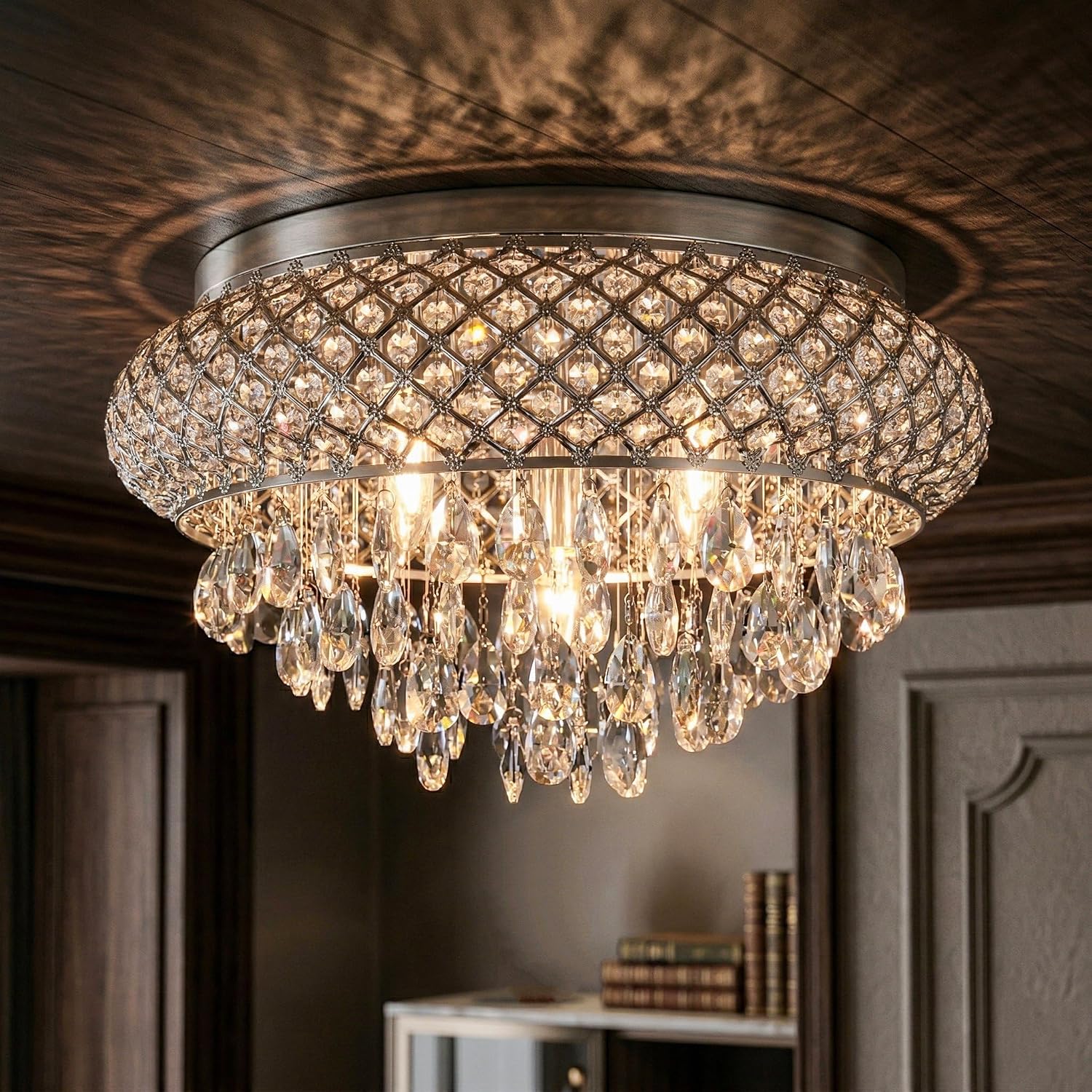 Maxax 19.5'' Chrome Chandelier with Crystal Raindrop Prism, Large 5-Light Flush Mount Ceiling Light Fixture, Drum Raindrop Metal Shade, French Vintage