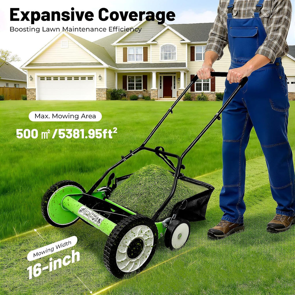 Push Reel Lawn Mower 16 inch, 5 Blades Manual Push Mower with Grass Catcher Bag, 1.34-2.52 in Adjustable Cutting Height for Small Medium Lawns, Yards, Driveways
