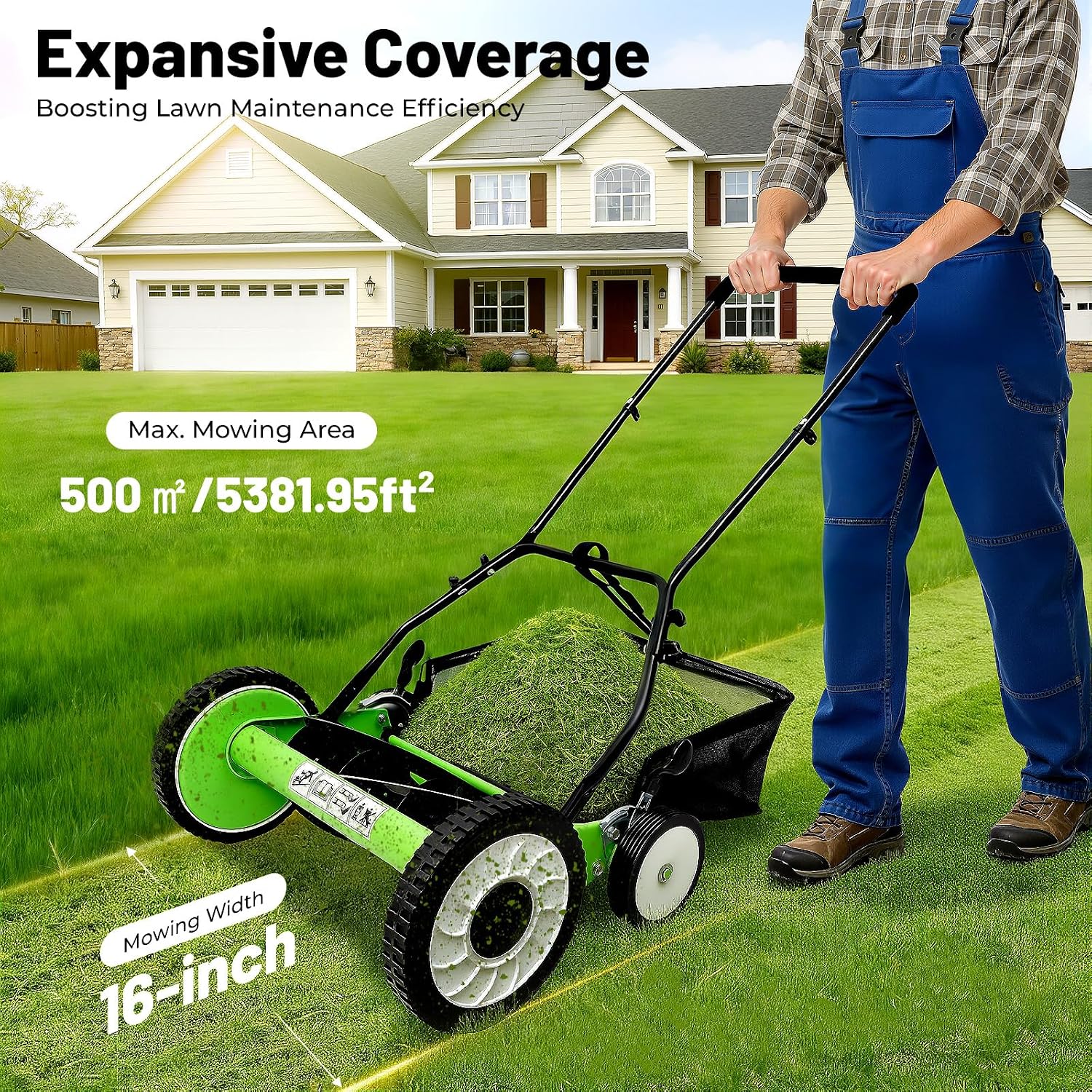 Push Reel Lawn Mower 16 inch, 5 Blades Manual Push Mower with Grass Catcher Bag, 1.34-2.52 in Adjustable Cutting Height for Small Medium Lawns, Yards, Driveways